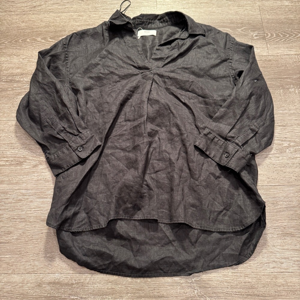 UNIQLO Shirt Womens S Black Linen Skipper Collar Minimalist 3/4 Sleeve Blouse